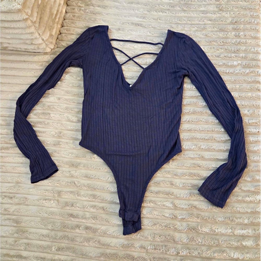 WET SEAL Top Bodysuit Size XS Dark Blue Long Sleeve Ribbed Knit Lace Up Back Y2K